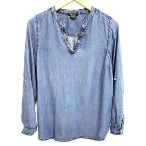 Esmara by Heidi Klum Denim Roll Tab Sleeve Rhinestone Trim Pullover Top Sz 6